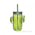 Glass Cactus Mason Jar with Lid and Straw